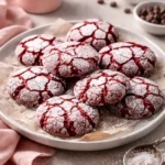 Batch of easy red velvet crinkle cookies on a baking tray