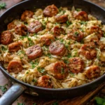 Sausage and cabbage stir fry served in a skillet with colorful vegetables