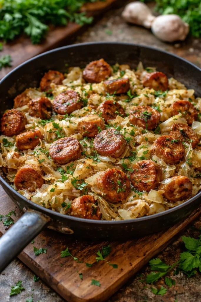 Sausage and cabbage stir fry served in a skillet with colorful vegetables