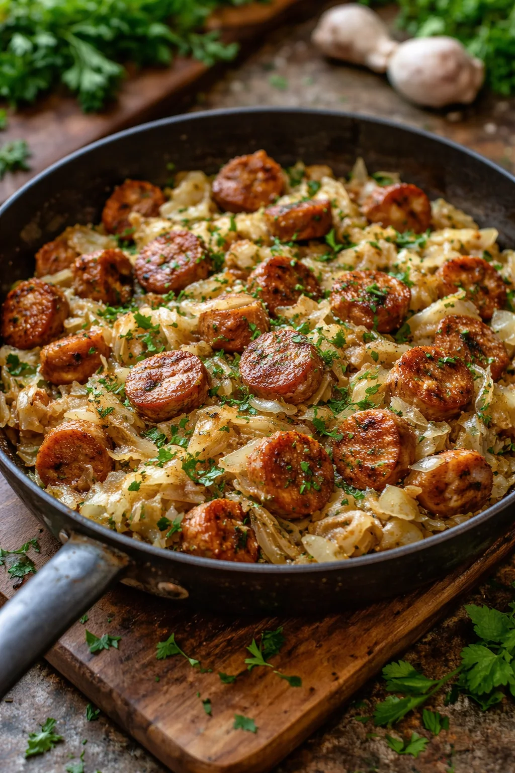 Sausage and cabbage stir fry served in a skillet with colorful vegetables
