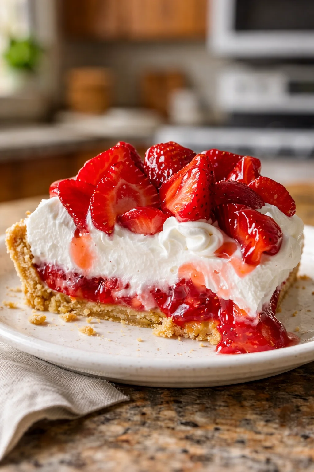 Easy strawberry cool whip pie topped with fresh strawberries and whipped cream