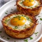 Eggs served in crispy hash brown baskets for a delightful breakfast dish.