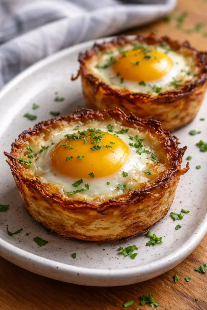 Eggs served in crispy hash brown baskets for a delightful breakfast dish.