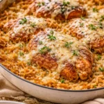 Delicious French Onion Chicken with rice, topped with melted cheese and caramelized onions.