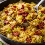 A delicious plate of fried cabbage with crispy bacon pieces