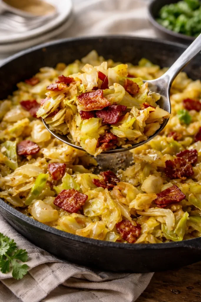 A delicious plate of fried cabbage with crispy bacon pieces