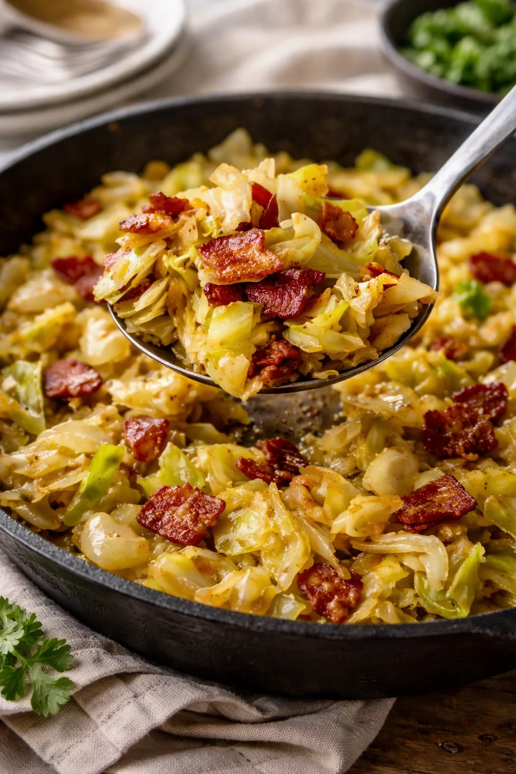 A delicious plate of fried cabbage with crispy bacon pieces