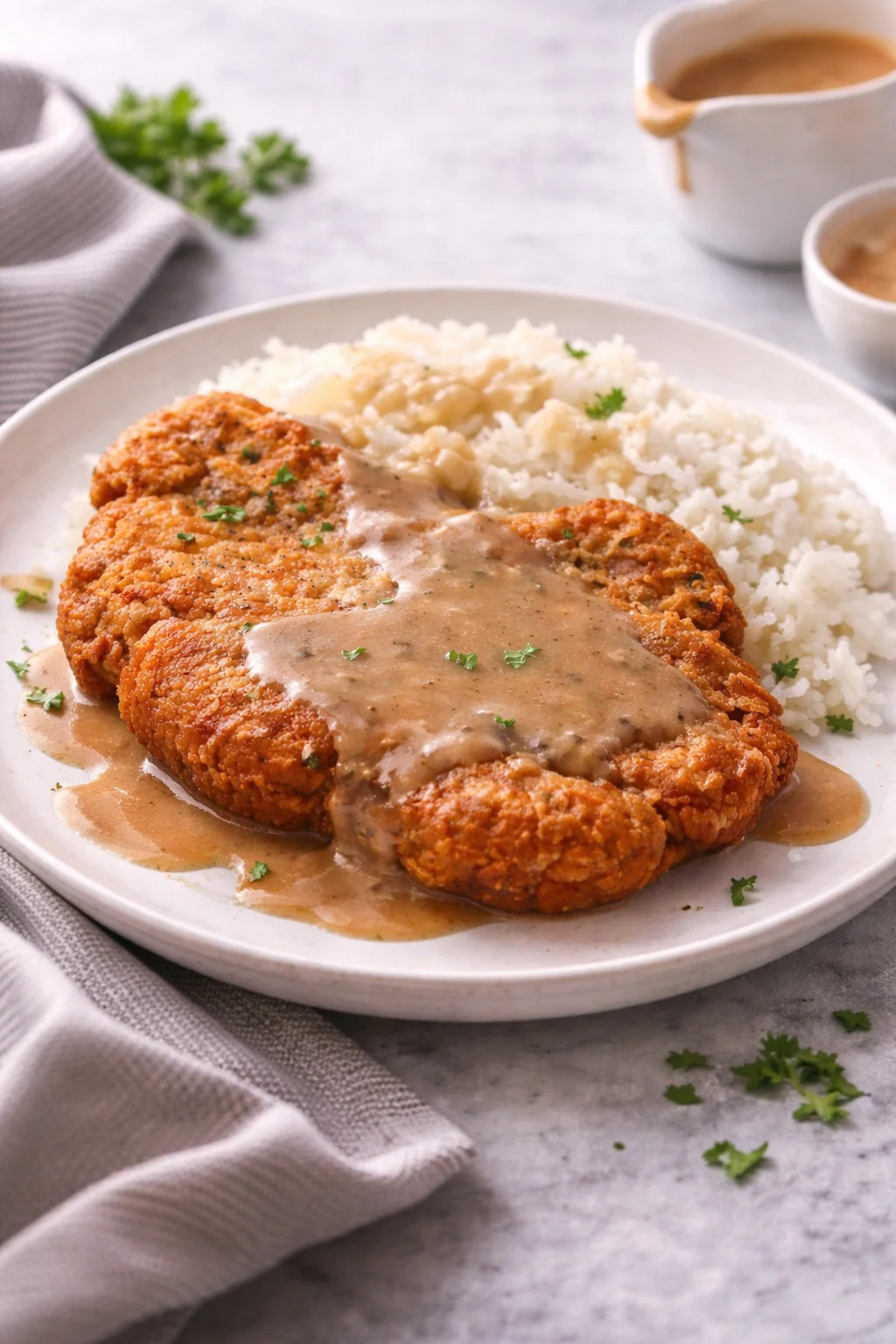 Golden brown fried pork chops served with sides