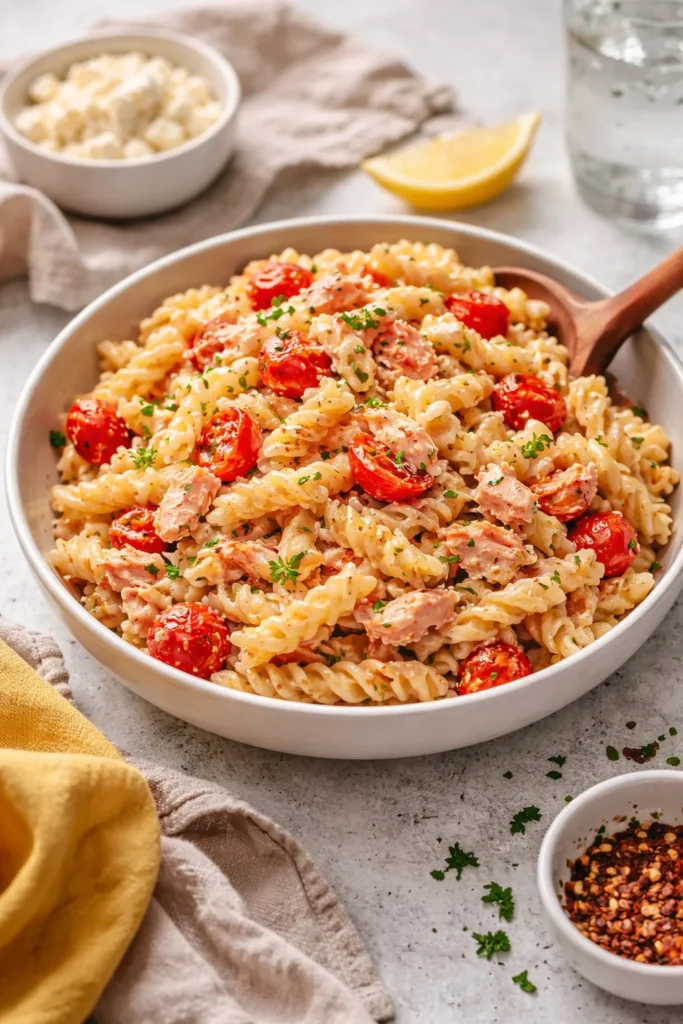Garlic Baked Feta Salmon Pasta dish with creamy sauce and garnished herbs