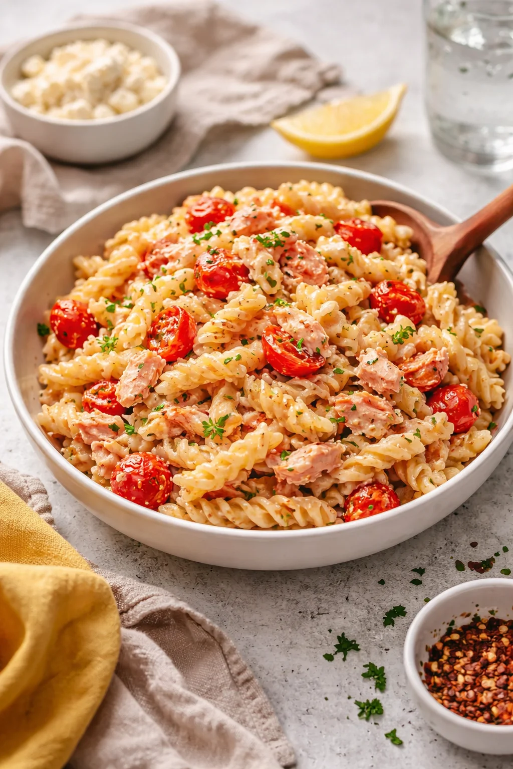 Garlic Baked Feta Salmon Pasta dish with creamy sauce and garnished herbs