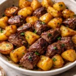 Delicious Garlic Butter Steak Bites with crispy potatoes on a plate