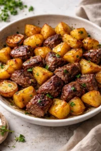 Delicious Garlic Butter Steak Bites with crispy potatoes on a plate