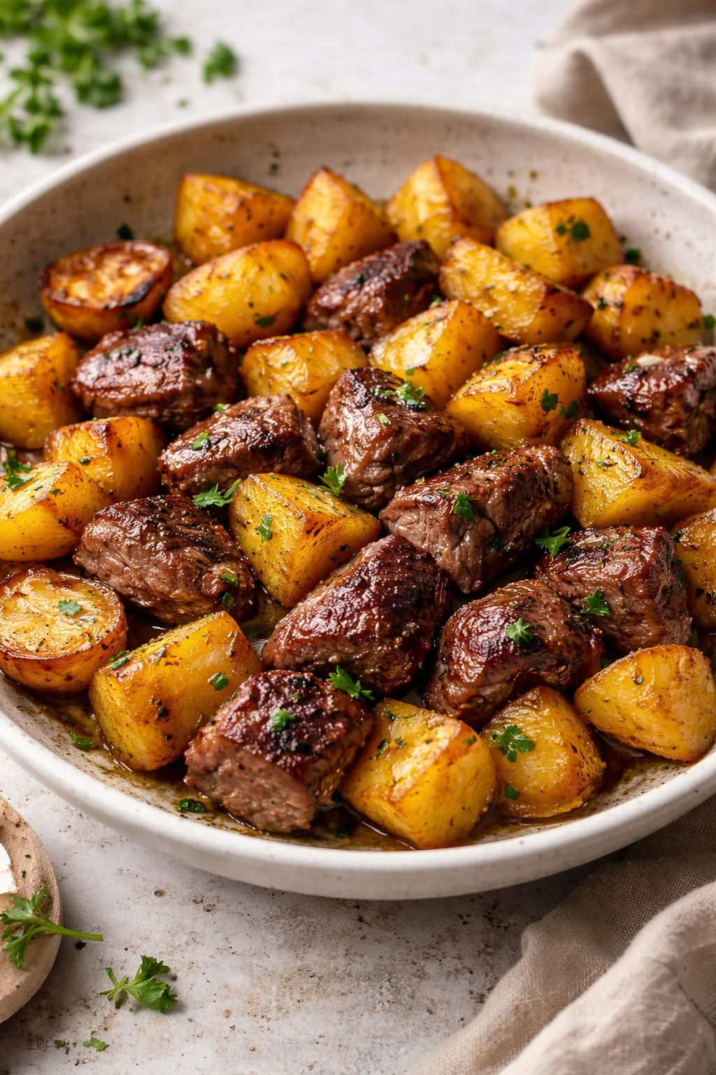 Delicious Garlic Butter Steak Bites with crispy potatoes on a plate