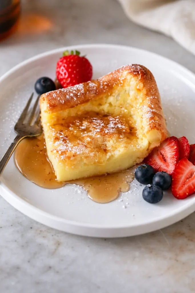 Delicious German pancakes served with syrup and fruit on a plate