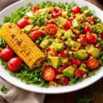 Grilled corn salad with avocado in a bowl, topped with herbs and dressing