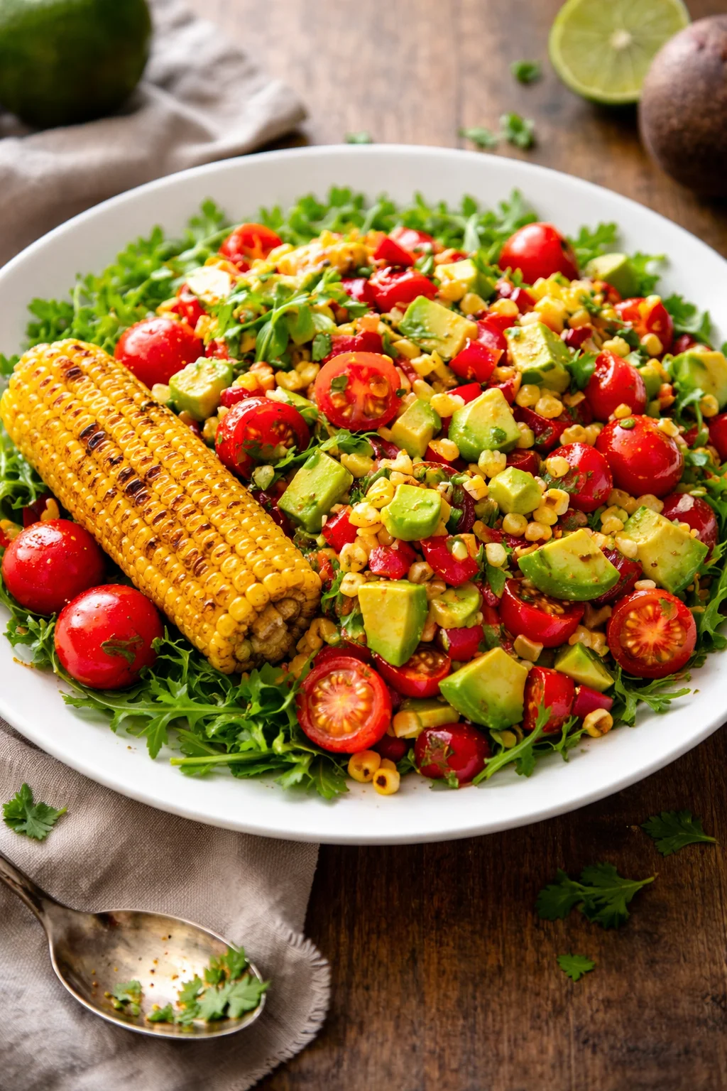 Grilled corn salad with avocado in a bowl, topped with herbs and dressing