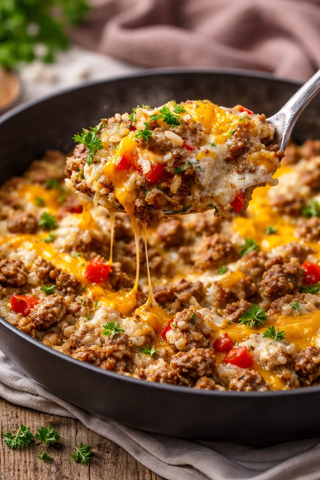 Delicious Ground Beef and Rice Skillet served in a vibrant skillet