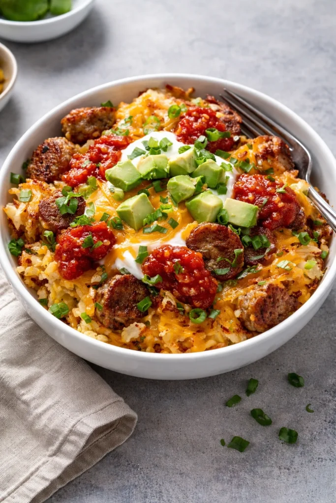 Delicious Hash Brown Breakfast Bowls topped with eggs and cheese