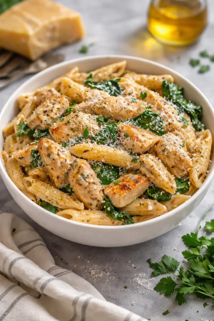 Healthy Garlic Parmesan Chicken Pasta served in a bowl with fresh herbs