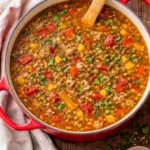A steaming bowl of hearty Italian sausage and lentil soup garnished with herbs.
