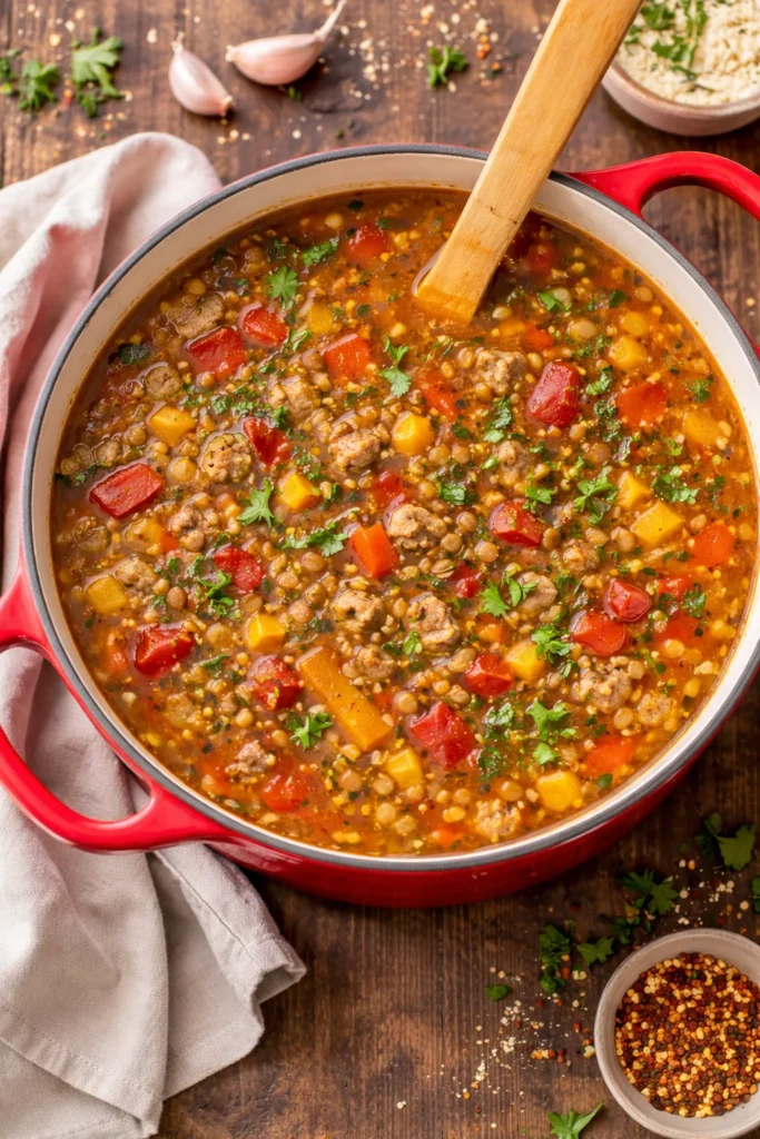 A steaming bowl of hearty Italian sausage and lentil soup garnished with herbs.