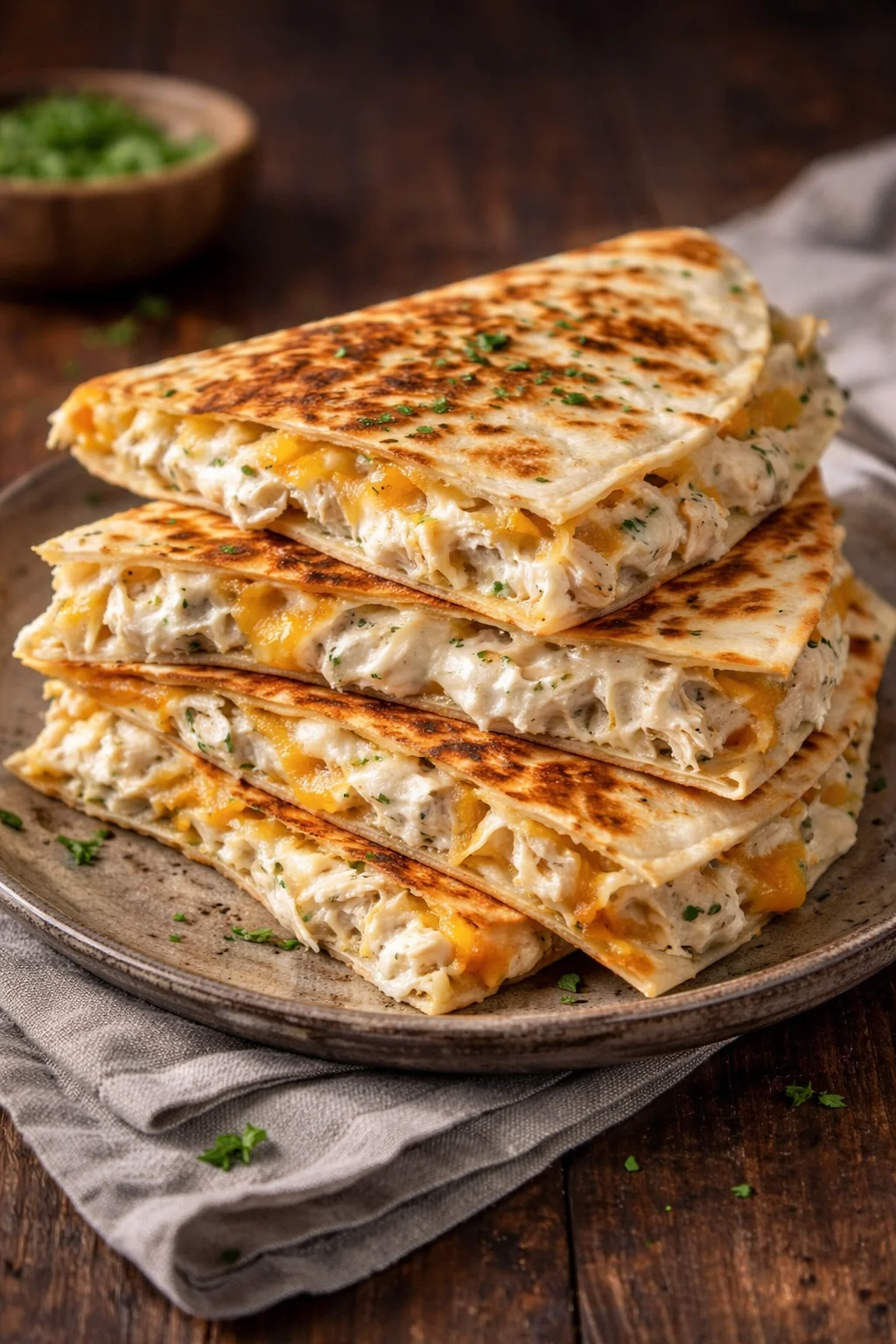 High-protein chicken ranch quesadillas served on a plate garnished with fresh herbs.