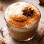 A delicious homemade chai latte topped with foam and cinnamon in a cozy setting.