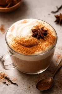 A delicious homemade chai latte topped with foam and cinnamon in a cozy setting.