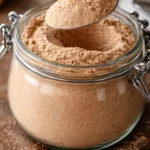 Homemade chai tea latte mix with spices and flavor ingredients in a jar.