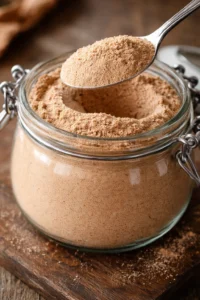 Homemade chai tea latte mix with spices and flavor ingredients in a jar.