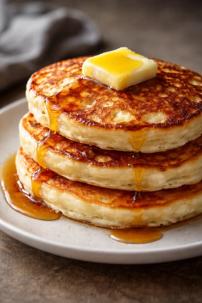 Fluffy homemade pancakes stacked with syrup and berries on a plate