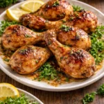 Honey garlic baked chicken drumsticks served with a side of vegetables