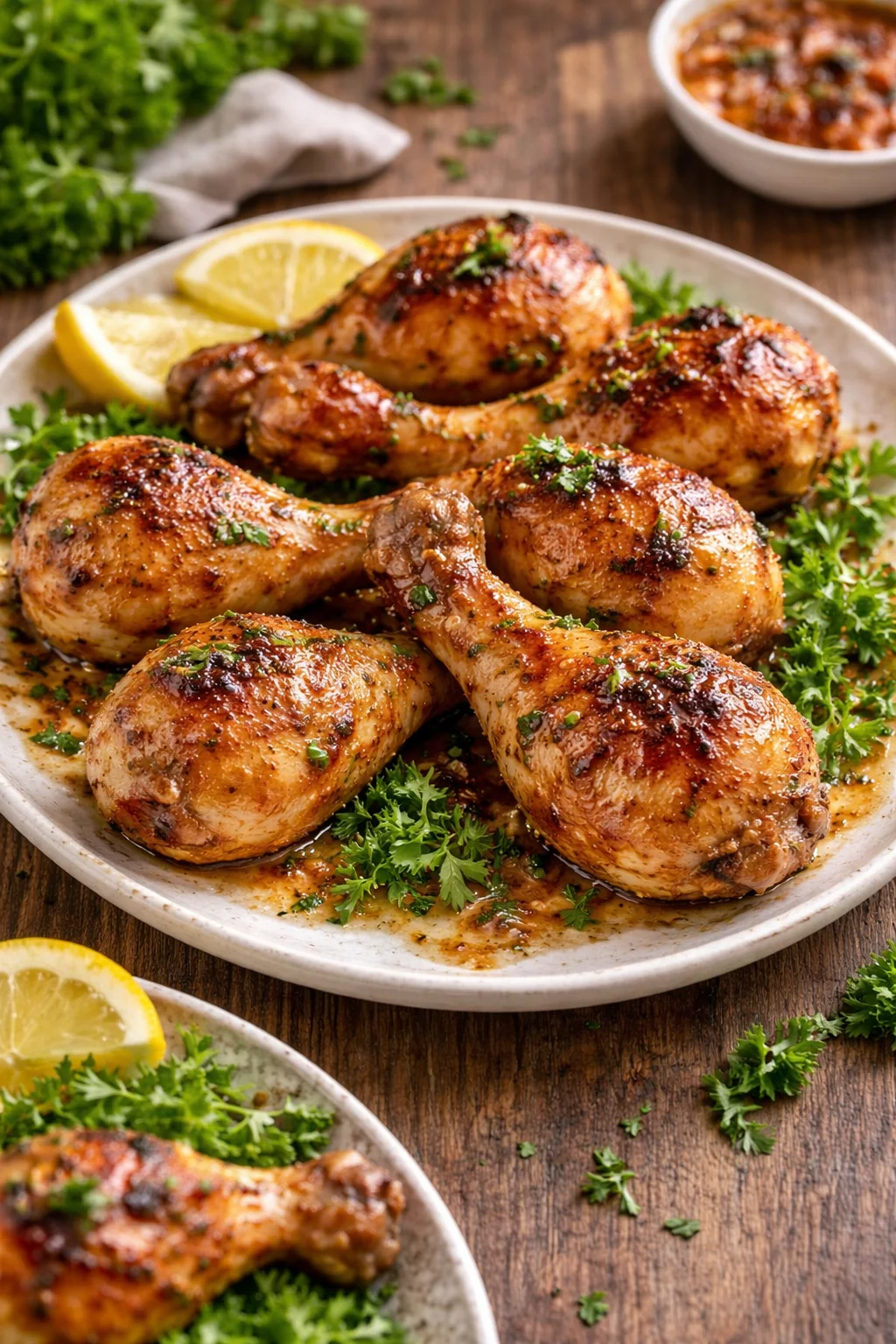Honey garlic baked chicken drumsticks served with a side of vegetables