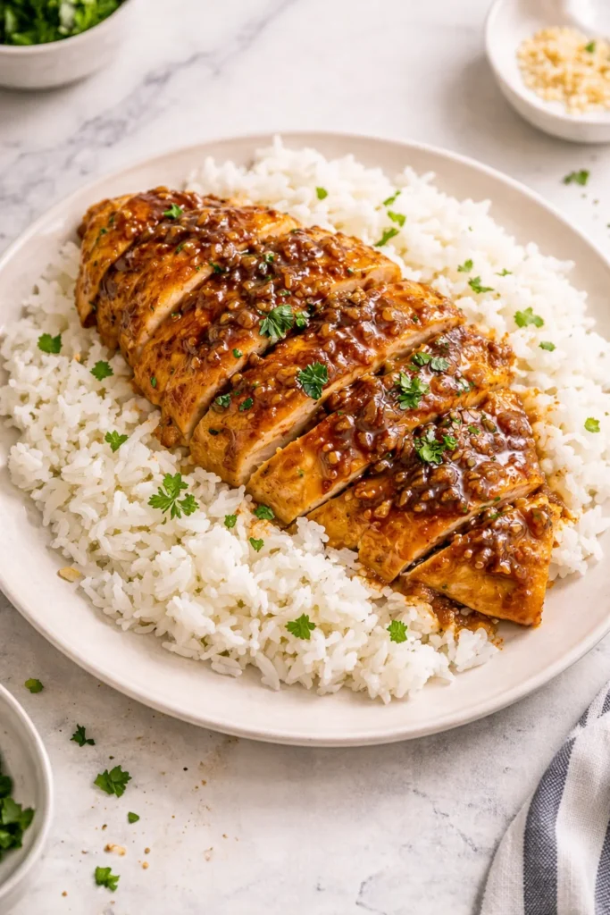 Delicious Honey Garlic Chicken served with savory sauce and vegetables