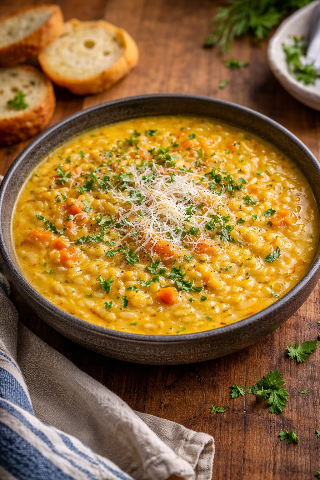 Bowl of Italian Penicillin Soup with fresh herbs and vegetables