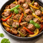 Italian Sausage and Peppers Skillet served in a rustic pan