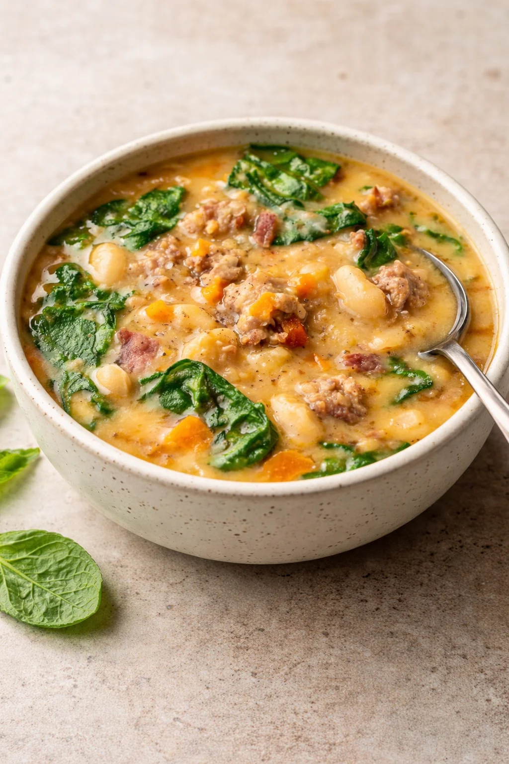 Bowl of Italian Sausage White Bean Soup with fresh herbs on top