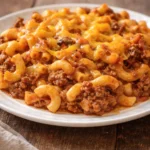 Homemade Johnny Marzetti casserole served in a baking dish, garnished with herbs.