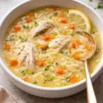 Bowl of Lemon Chicken Orzo Soup garnished with herbs and lemon slices