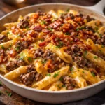 Creamy loaded bacon cheeseburger alfredo pasta topped with crispy bacon and cheese