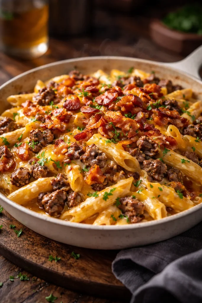Creamy loaded bacon cheeseburger alfredo pasta topped with crispy bacon and cheese