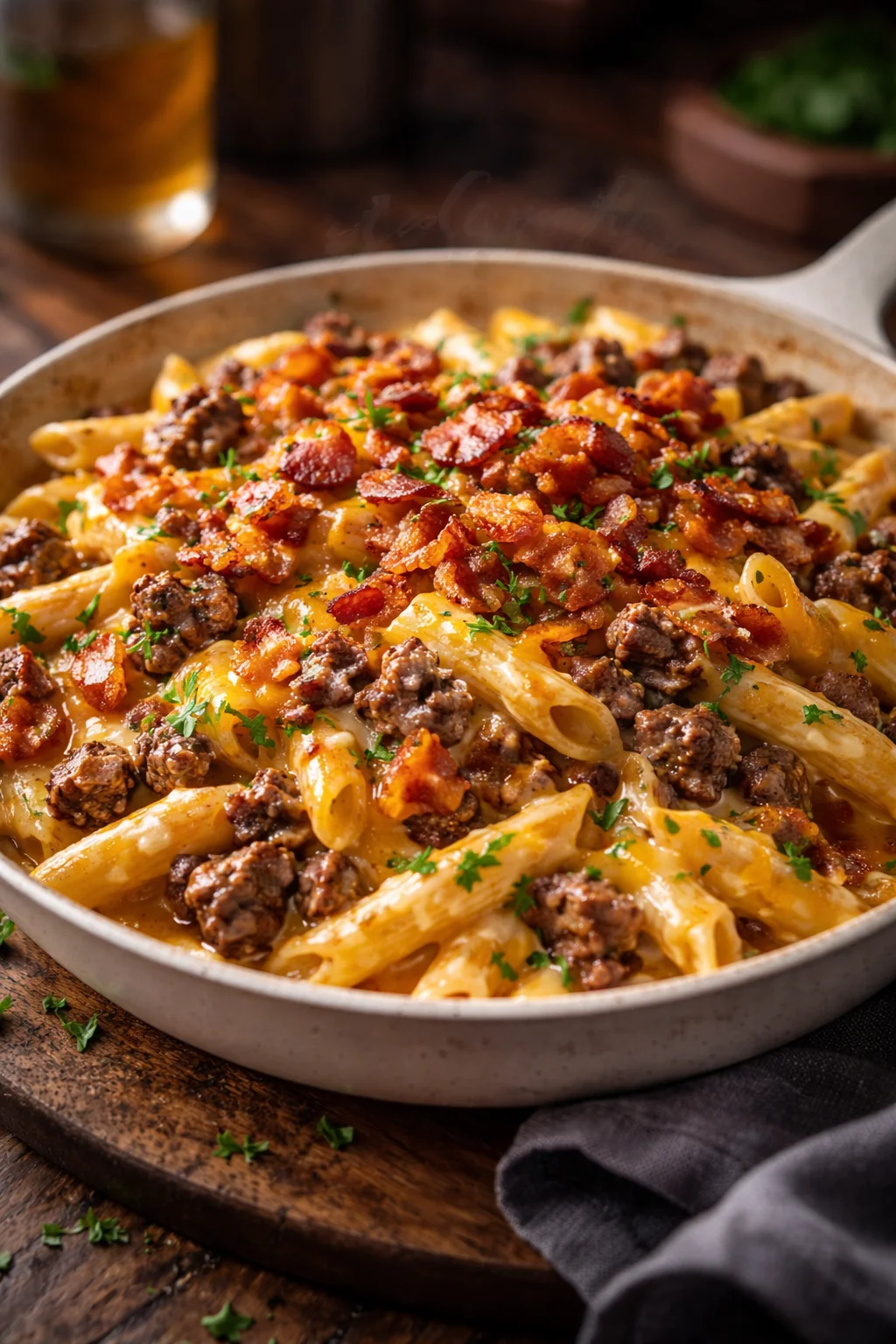 Creamy loaded bacon cheeseburger alfredo pasta topped with crispy bacon and cheese