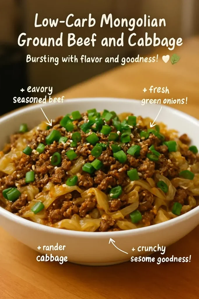 Low-carb Mongolian Ground Beef served with sautéed cabbage