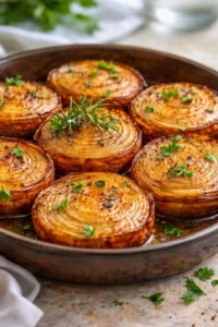 Bowl of marinated roasted onions garnished with herbs.