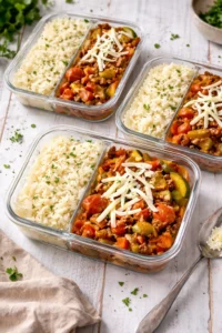 Meal prep unstuffed pepper bowls filled with healthy ingredients.