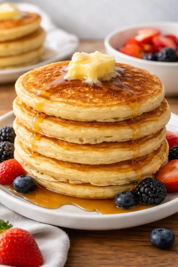 Stack of fluffy old-fashioned pancakes served with syrup and berries