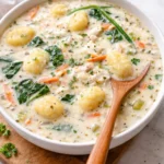 Bowl of Olive Garden Chicken Gnocchi Soup with fresh ingredients and a creamy broth