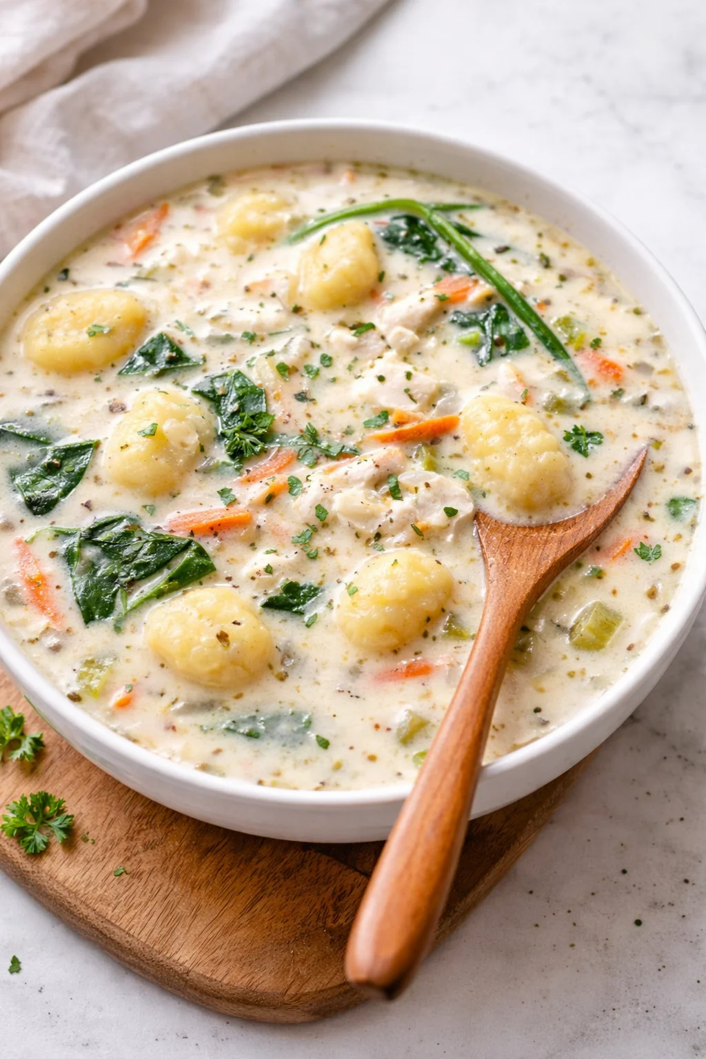Bowl of Olive Garden Chicken Gnocchi Soup with fresh ingredients and a creamy broth