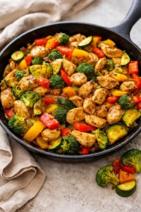 One-Pan Chicken and Vegetables Skillet dish with vibrant colors on a plate