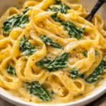 One Pot Creamy Garlic Butter Spinach Pasta served in a bowl